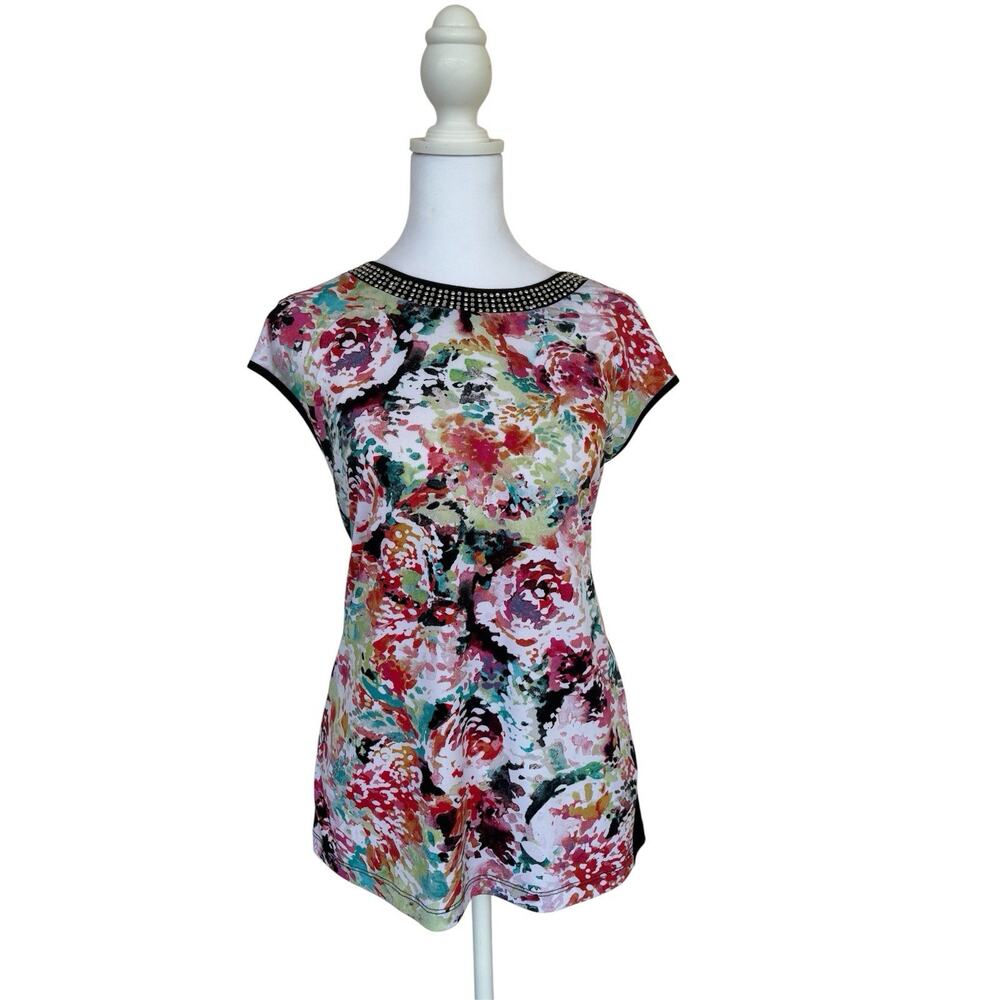 New Options Watercolor Floral Embellished Neck Sleeveless Top Sz M Feminine